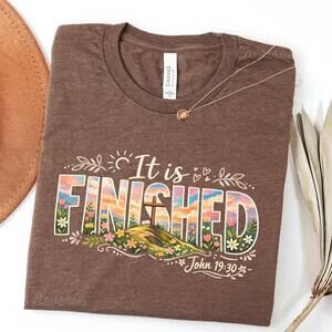 It Is Finished Boho Christian Tee, Easter Sunrise Flora Doodle Joshua